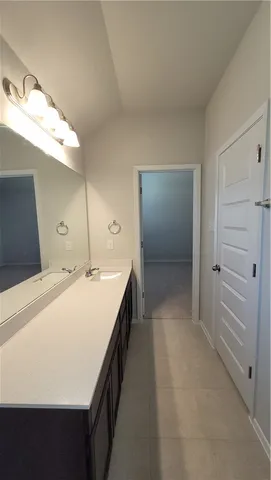 a bathroom with a double vanity sink and mirror