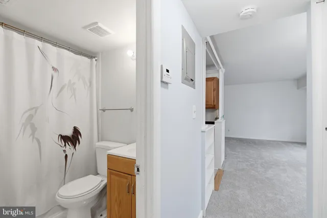 a bathroom with a toilet and a shower