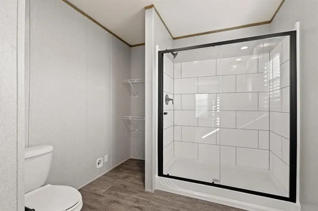a bathroom with a shower and a toilet