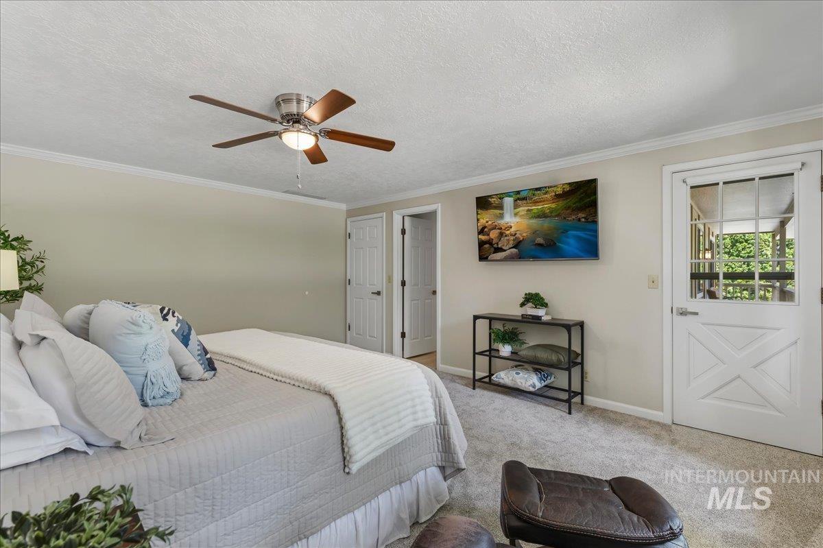 599 Pebble Beach Way Eagle, ID 83616 - Photo 22 of 44 Carpeted room featuring a ceiling fan with wood-finish blades, crown molding, and two panel doors