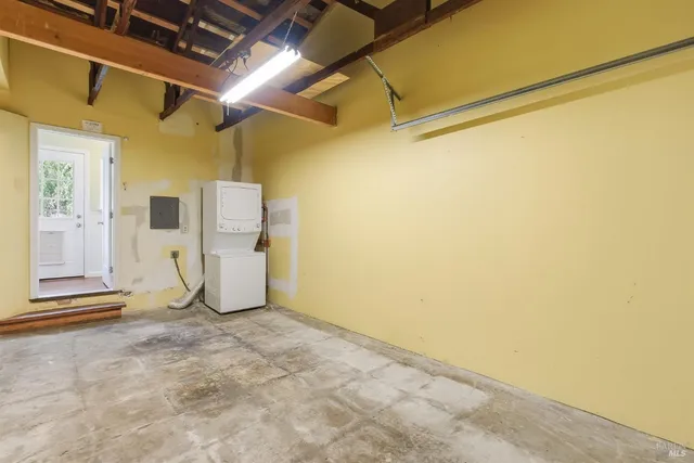 a view of a room with wooden walls