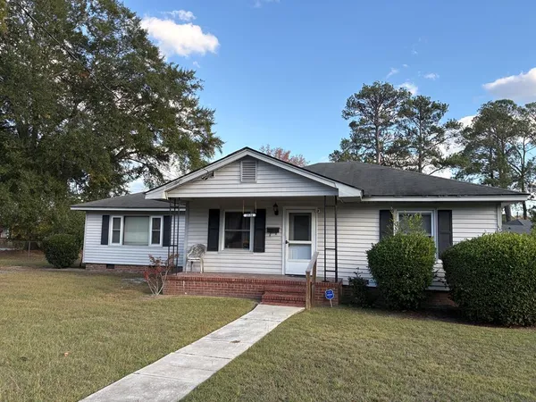 a front view of a house with yard and green space