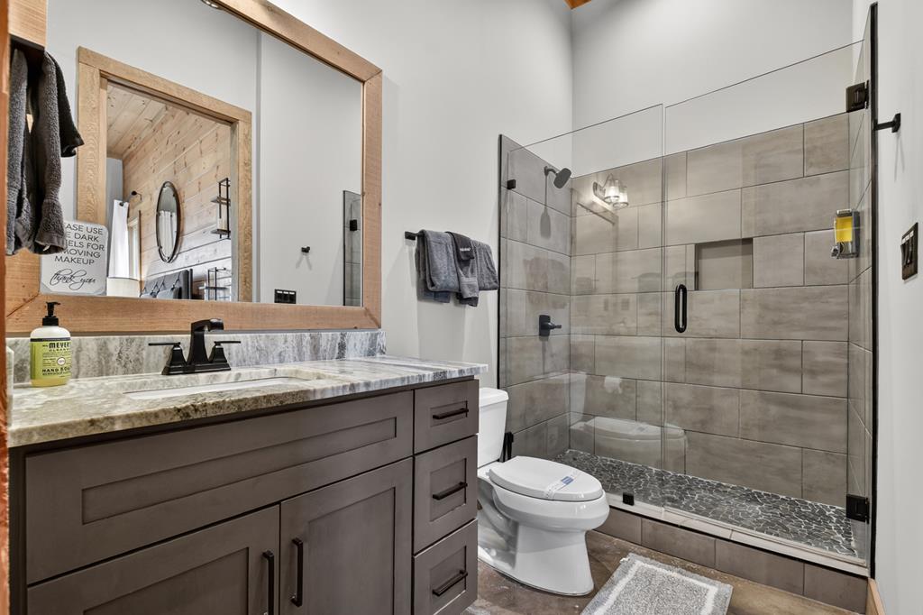 472 Overlook Drive Blue Ridge, GA 30513 - Photo 42 of 58 a bathroom with a granite countertop sink toilet a large mirror and shower