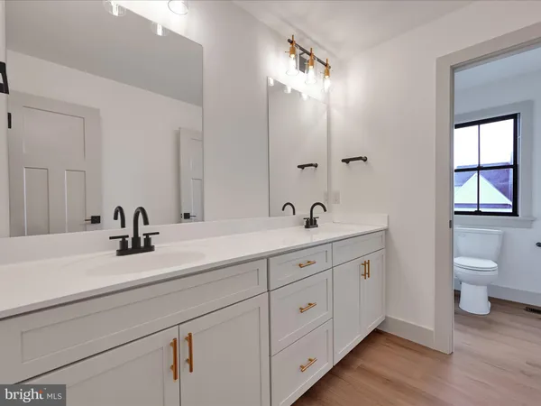 a bathroom with a double vanity sink and a toilet