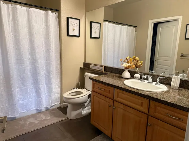 a bathroom with a granite countertop toilet sink and mirror