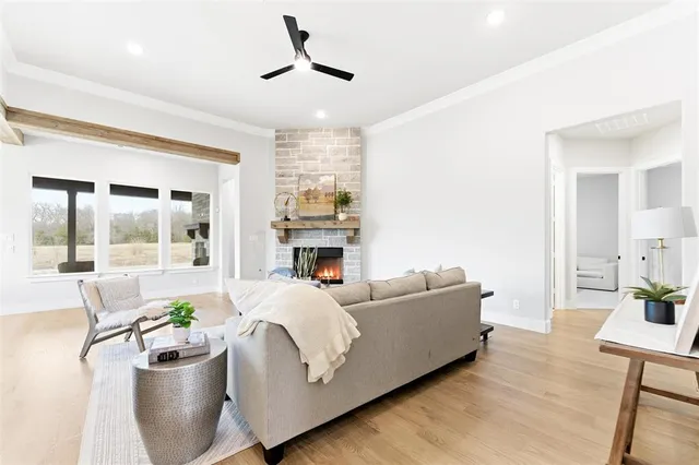 a living room with furniture and a potted plant