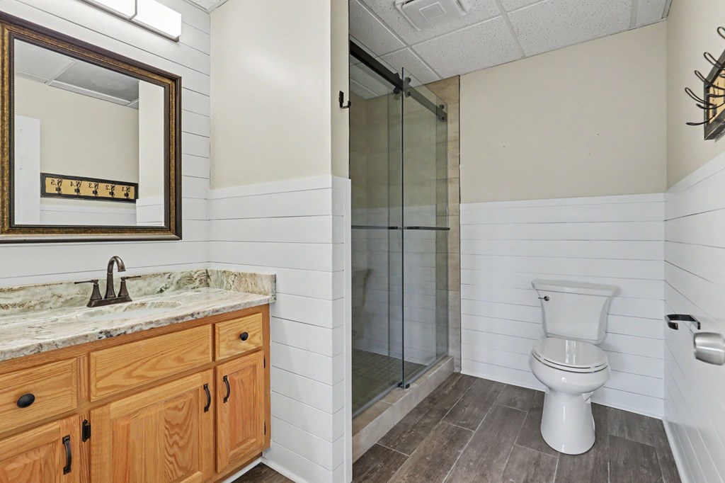 456 Deaver Cove Road Blairsville, GA 30512 - Photo 39 of 83 a bathroom with a granite countertop sink toilet and shower