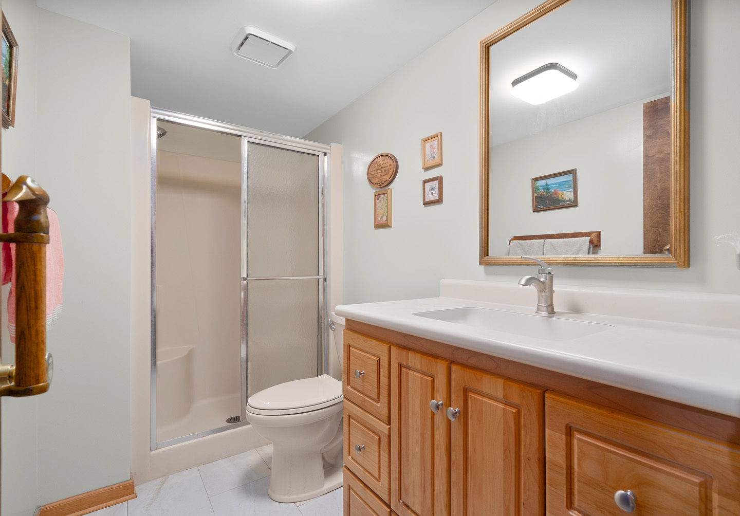 46 Feece Drive Batavia, IL 60510 - Photo 24 of 37 a bathroom with a granite countertop sink toilet a mirror and shower