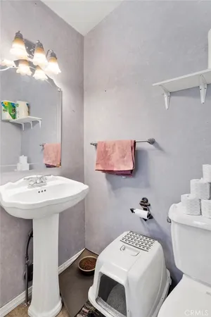a bathroom with a sink a toilet and mirror
