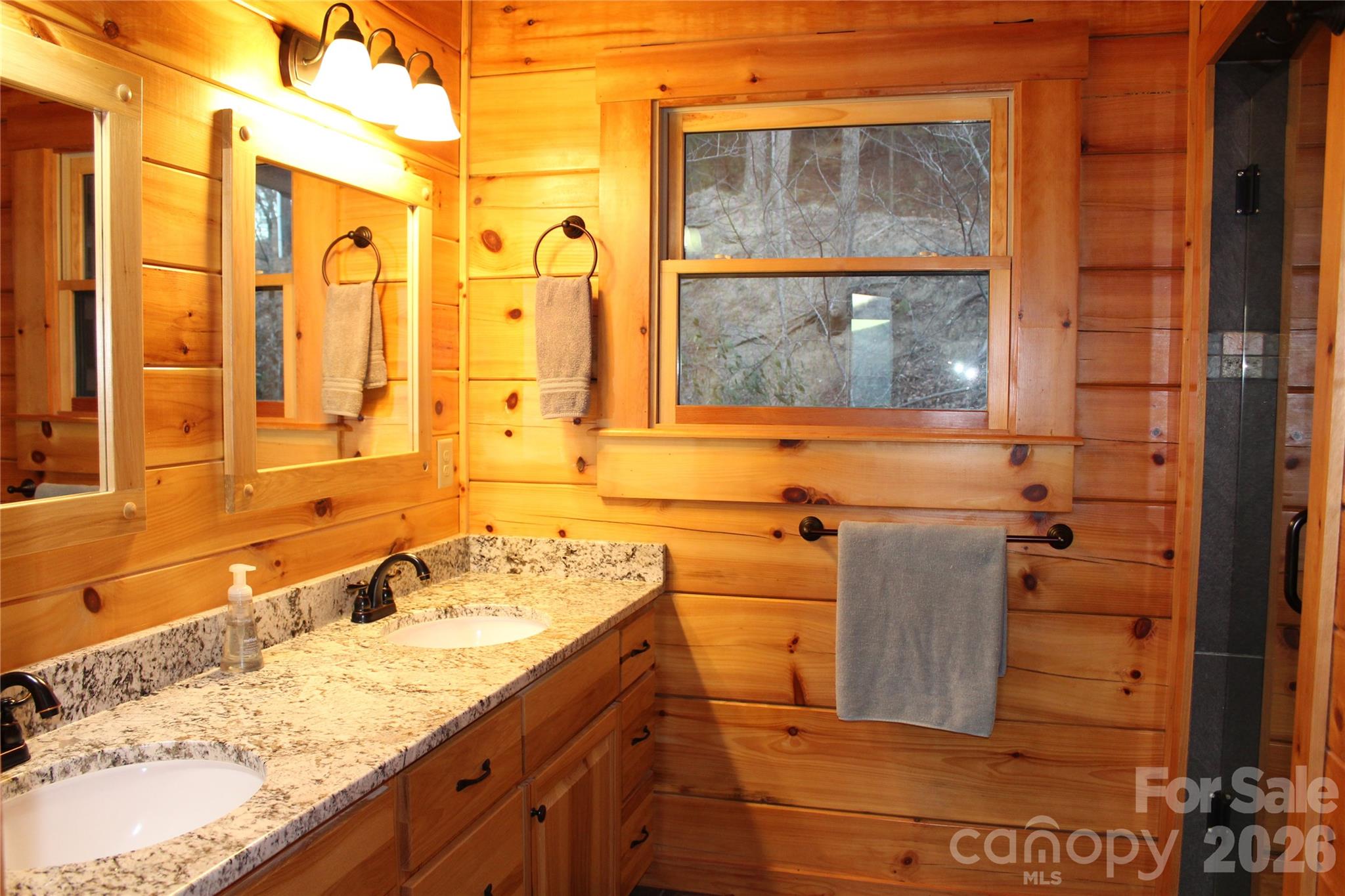 169 Overlook Point Lane Lake Lure, NC 28746 - Photo 19 of 39 a bathroom with a granite countertop sink and a large mirror