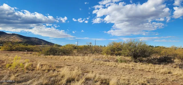 a view of a dry yard with mountains and valleys in the background
