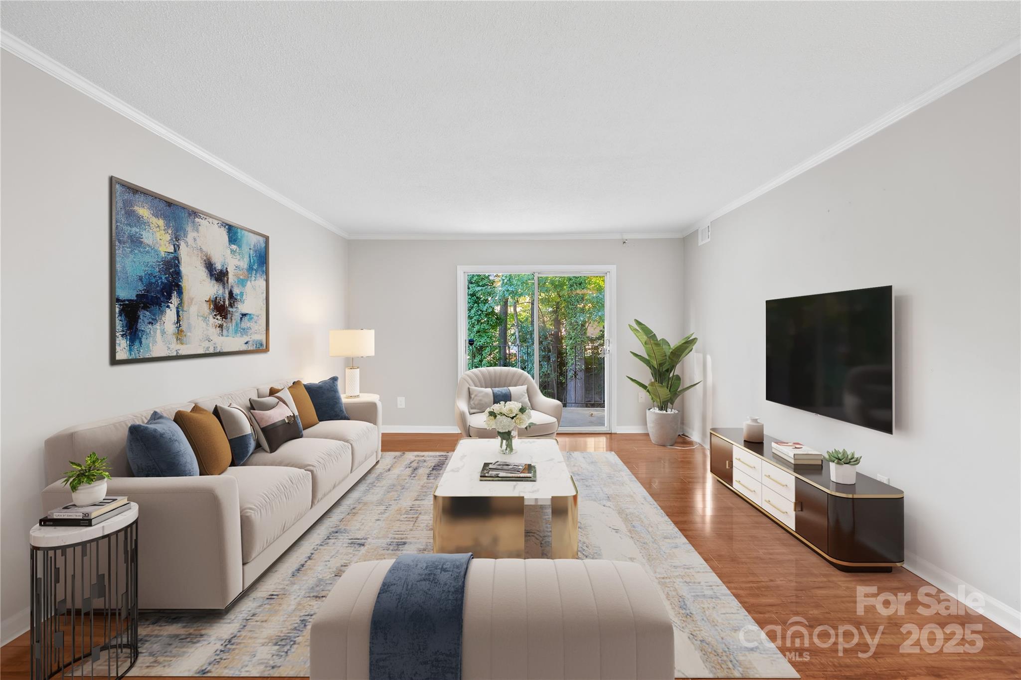 a living room with furniture a flat screen tv and a large window