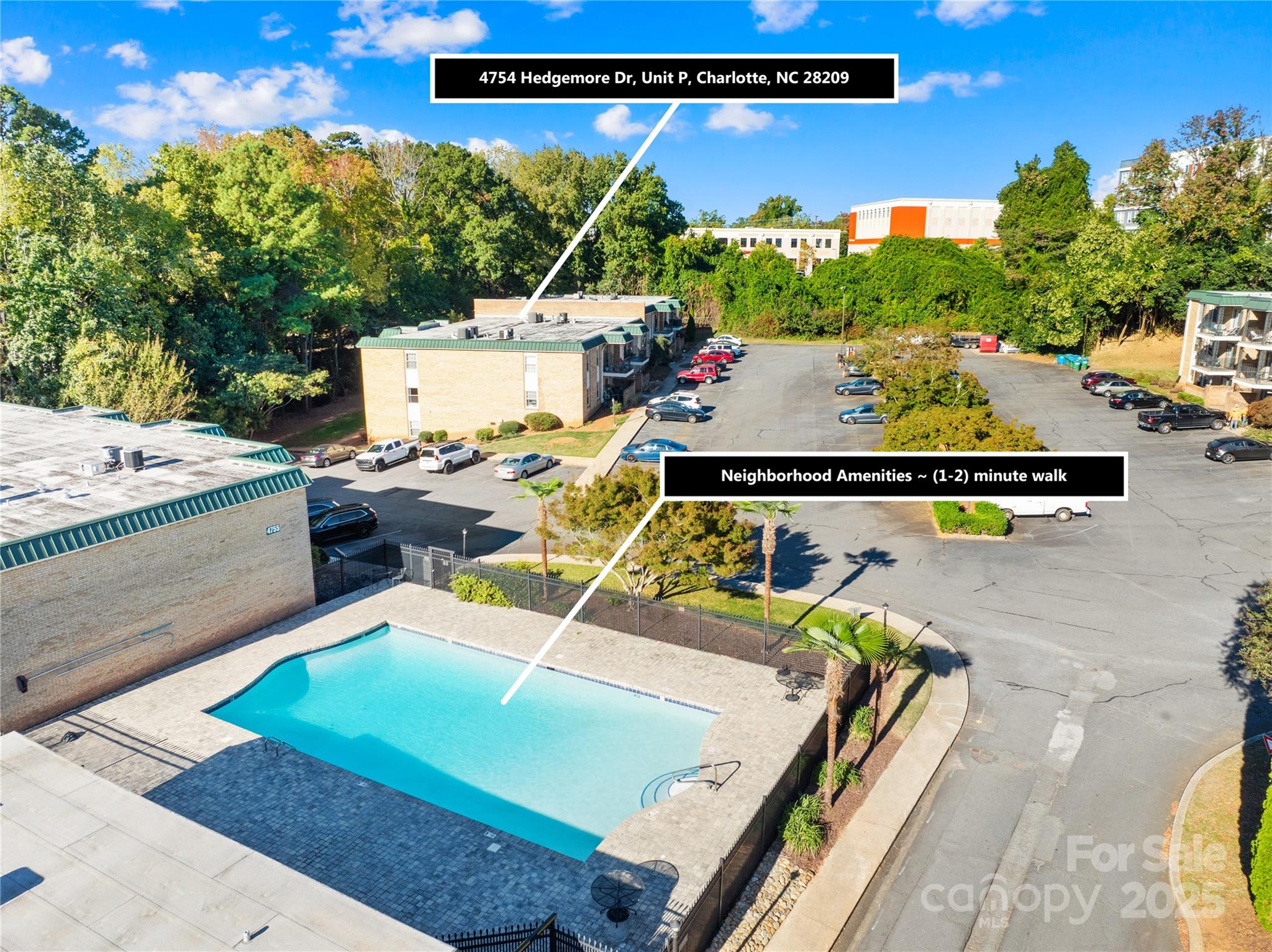 4754 Hedgemore Drive, Unit P Charlotte, NC 28209 - Photo 16 of 19 a view of a pool with table and chairs