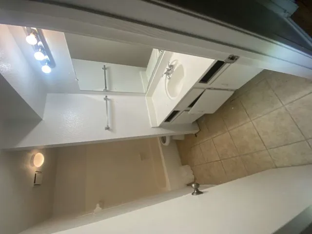 a bathroom with a shower and a window