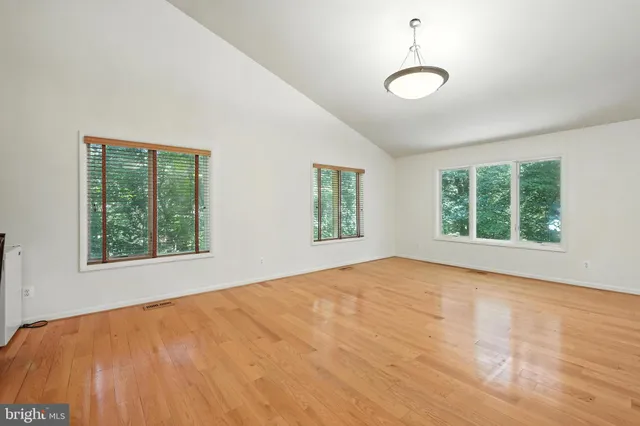 a view of empty room with wooden floor and fireplace