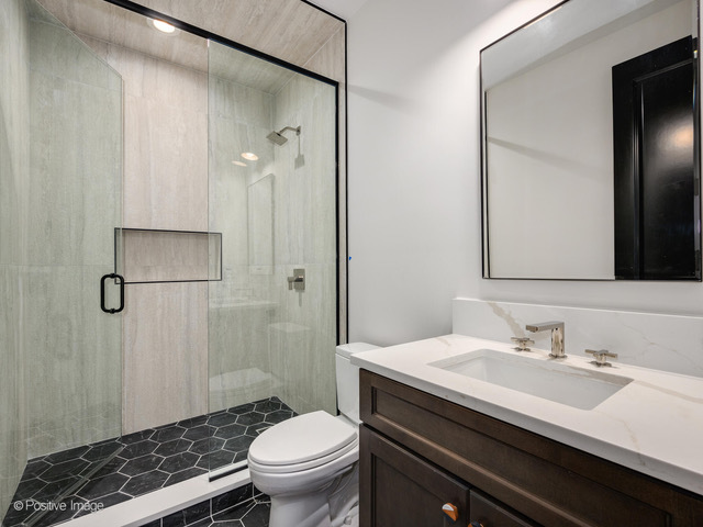2214 West Oakdale Avenue Chicago, IL 60618 - Photo 11 of 15 a bathroom with a granite countertop sink toilet and shower