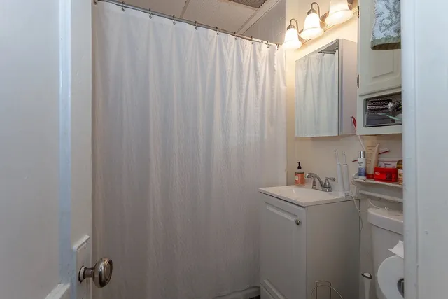 a bathroom with a sink a toilet and shower curtain