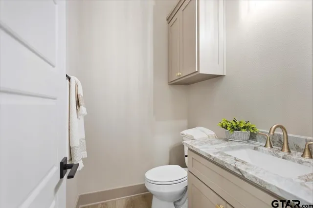 a bathroom with a granite countertop sink and a toilet