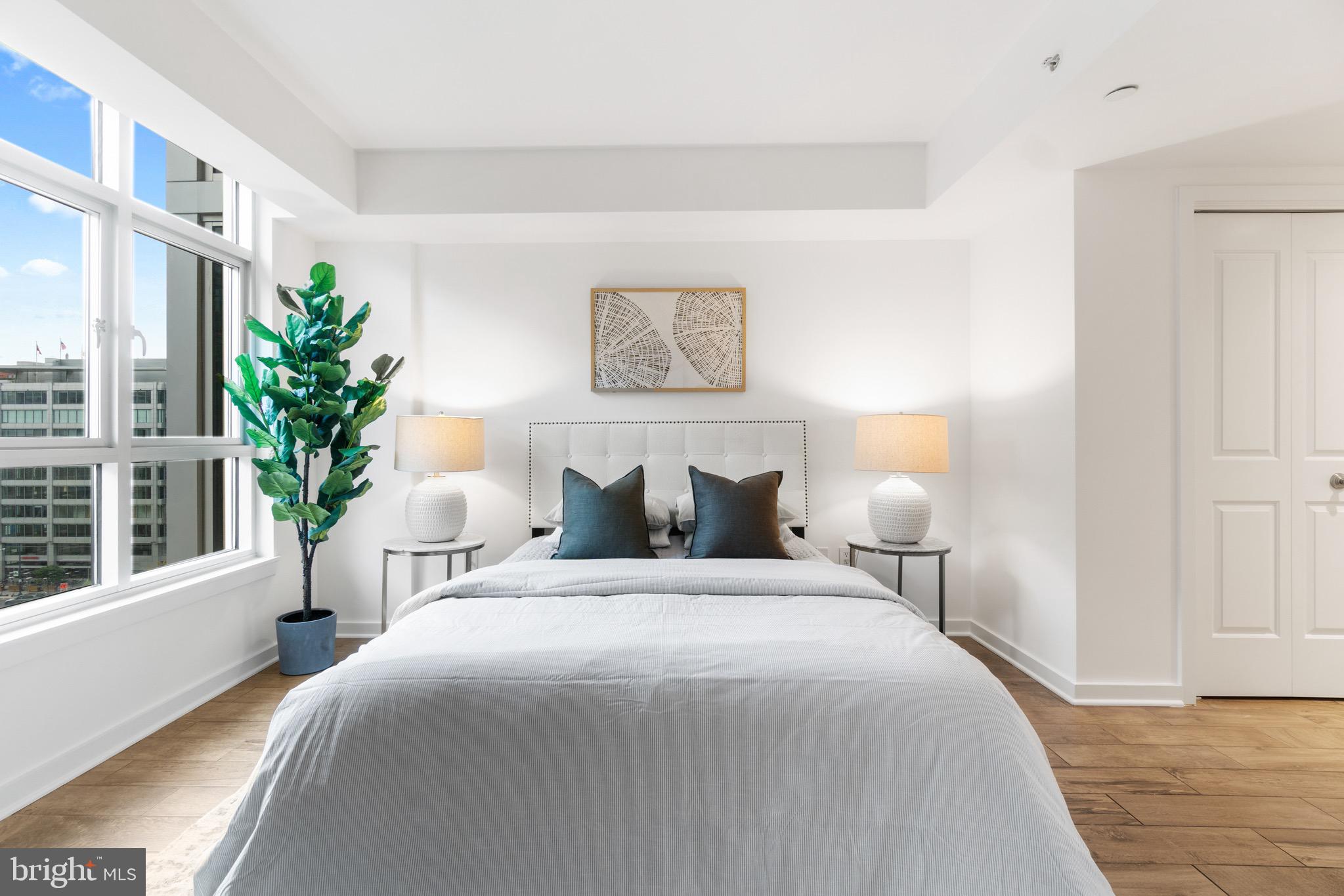 1025 First Street Southeast, Unit 1010 Washington, DC 20003 - Photo 16 of 36 a bedroom with a large bed and a potted plant