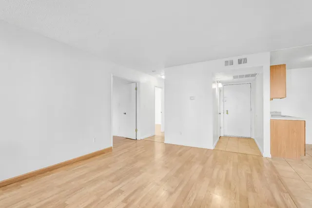 a view of empty room with wooden floor