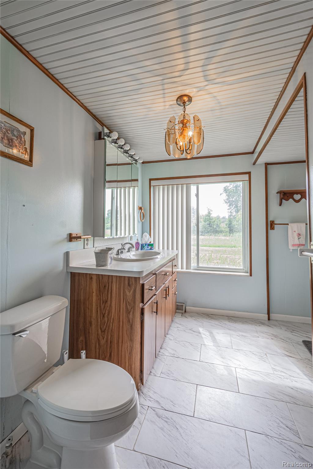 8384 Imlay City Road Avoca, MI 48006 - Photo 28 of 39 Bathroom featuring a single vanity with wood-finish cabinetry, a white countertop, and an integrated sink