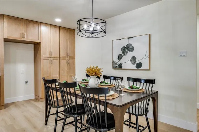 a view of a dining room with furniture