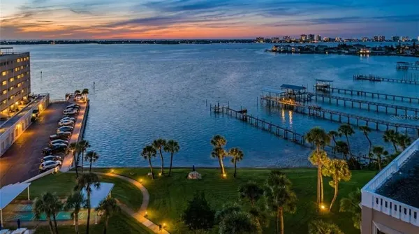 a view of an ocean with city