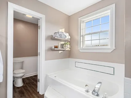 a bathroom with a bathtub and a toilet