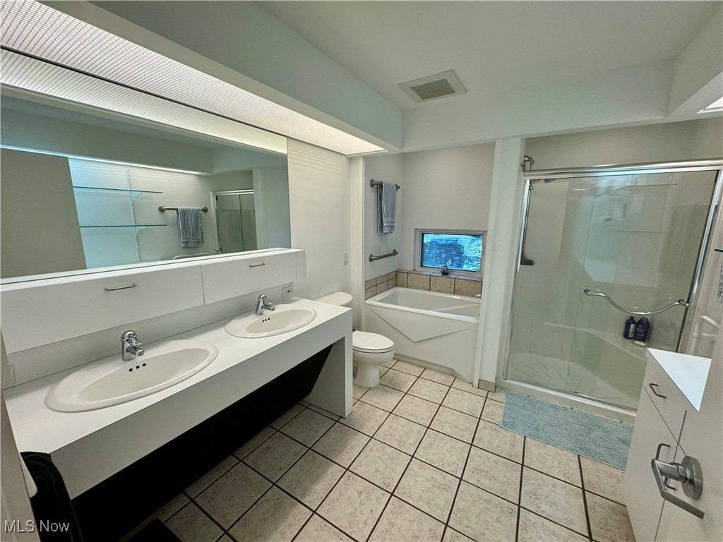 3559 Birchtree Path Cleveland, OH 44121 - Photo 13 of 37 Full bathroom featuring double vanity, a shower stall, tile patterned flooring, and a garden tub