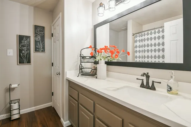 a bathroom with a sink toilet and mirror