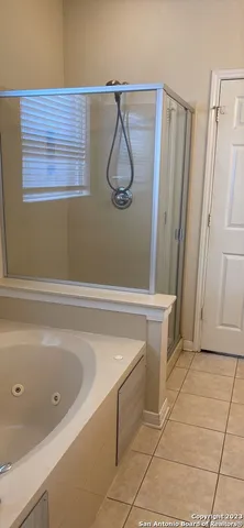 a bathroom with a bathtub and shower