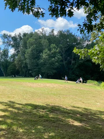 a view of a yard with wooden fence and trees