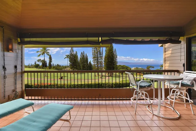 a garden view with a seating space