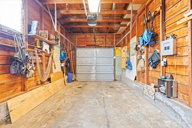 a view of a garage with stairs