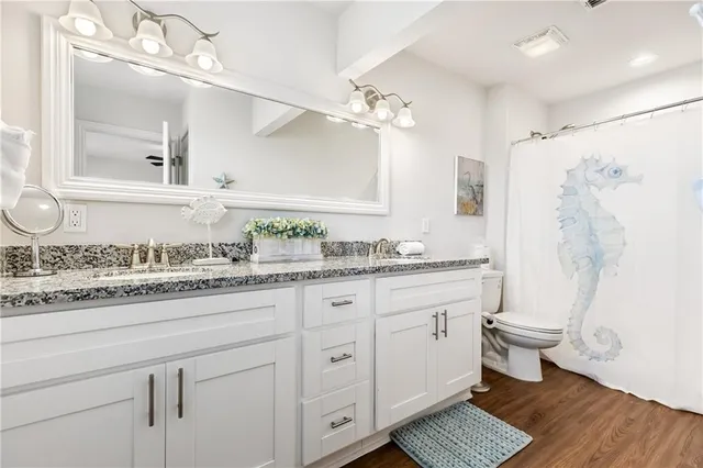 a bathroom with a granite countertop sink a toilet and a mirror