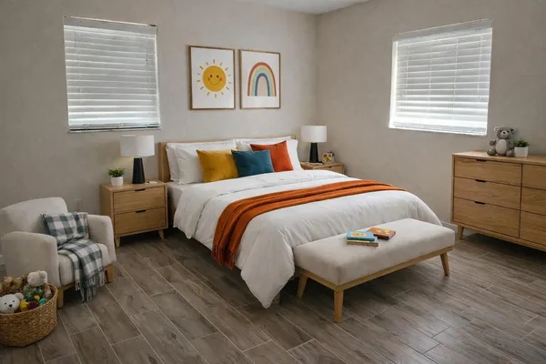 a bedroom with a bed and a dresser