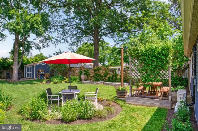 a garden view with a seating space