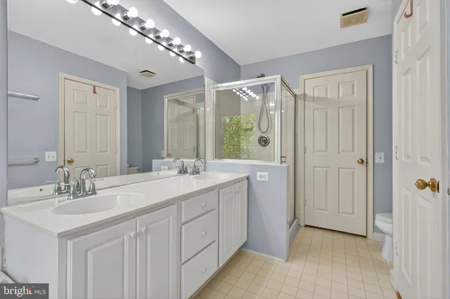 a bathroom with a double vanity sink mirror and shower