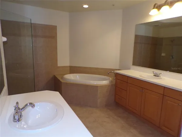 a bathroom with a tub sink and mirror