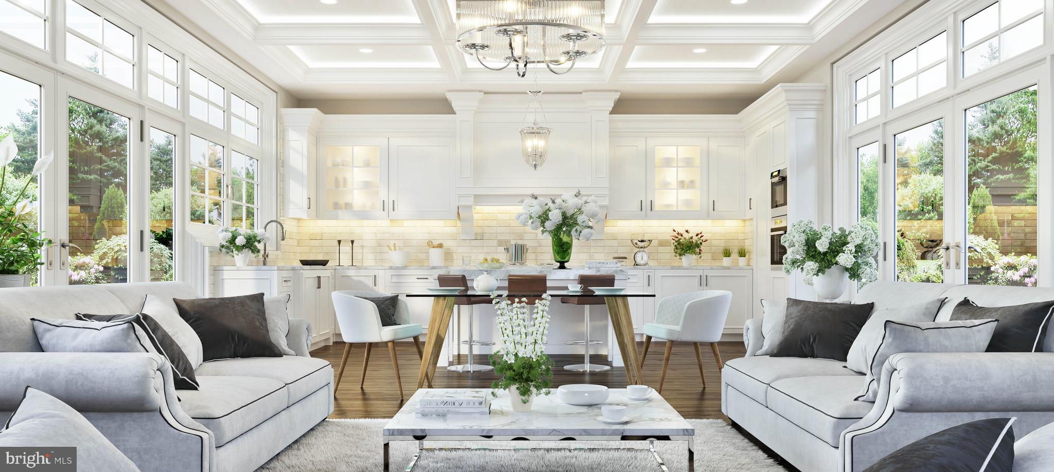 a living room with furniture large windows and wooden floor