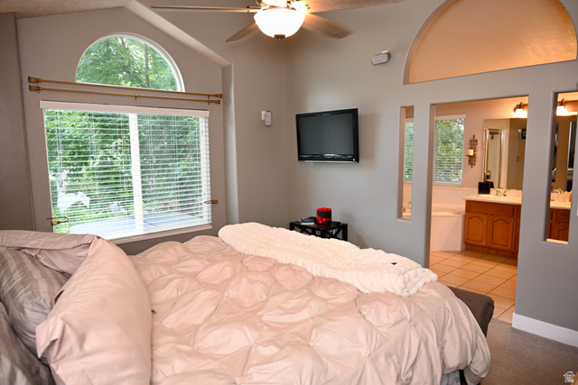 314 Brown Farm Lane Draper, UT 84020 - Photo 17 of 57 Bedroom featuring a vaulted ceiling and a ceiling fan with integrated lighting