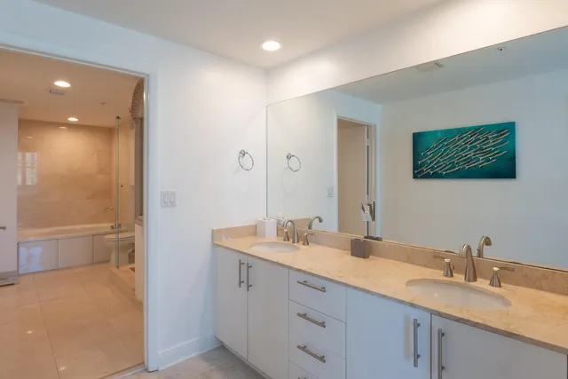 a bathroom with a granite countertop sink mirror and double