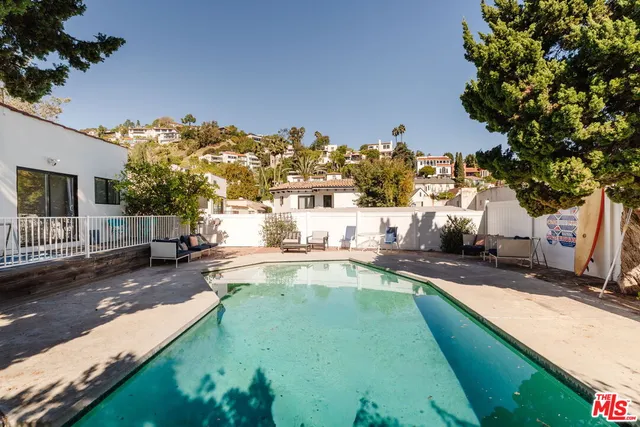 a view of a backyard with swimming pool