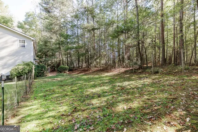 a backyard of a house with plants and large trees