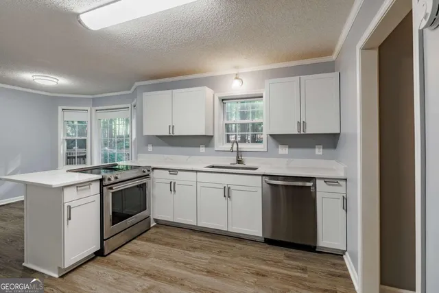 a kitchen with stainless steel appliances granite countertop a stove and a sink