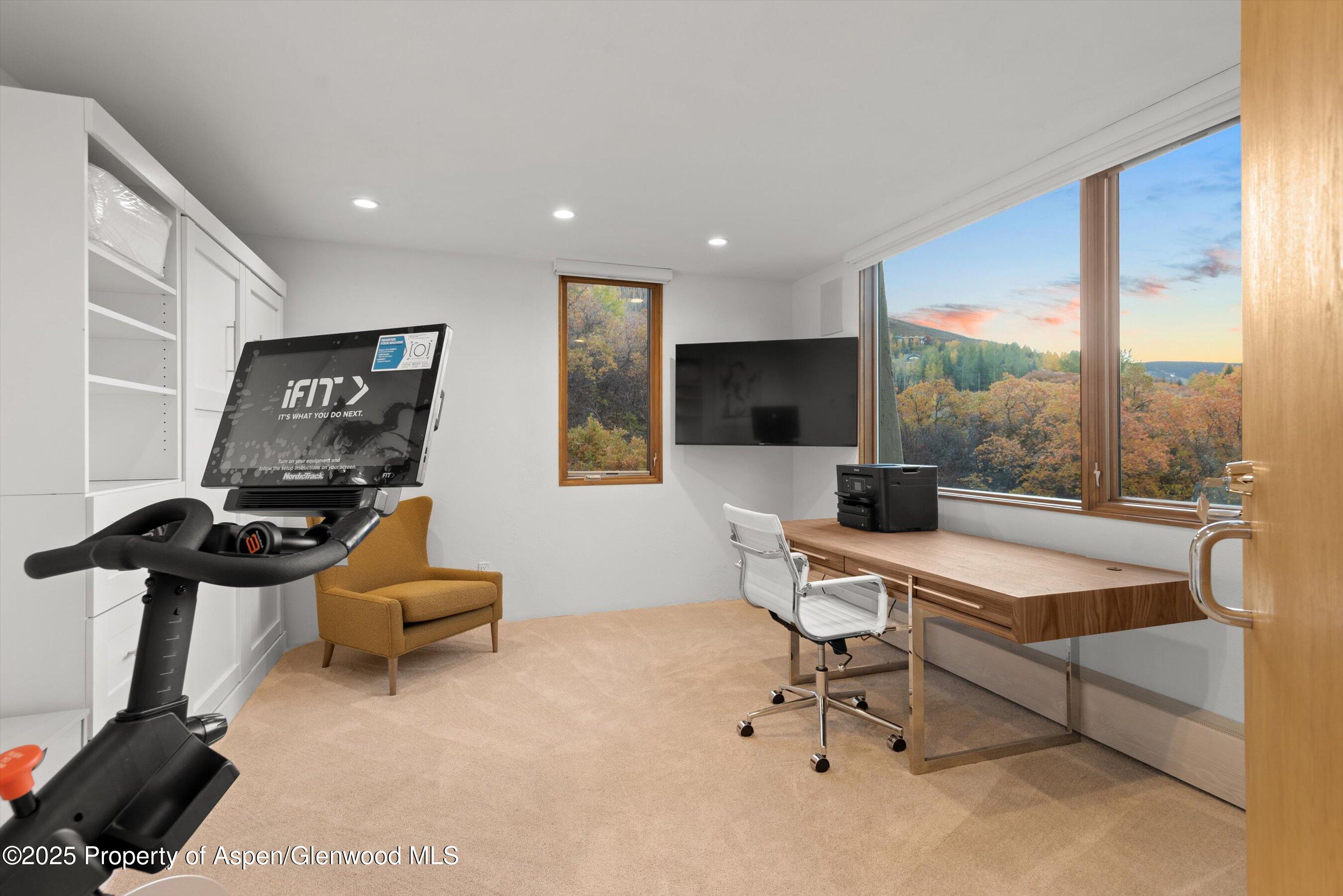 699 Eppley Drive Aspen, CO 81612 - Photo 35 of 45 a living room with furniture gym equipment and a large window