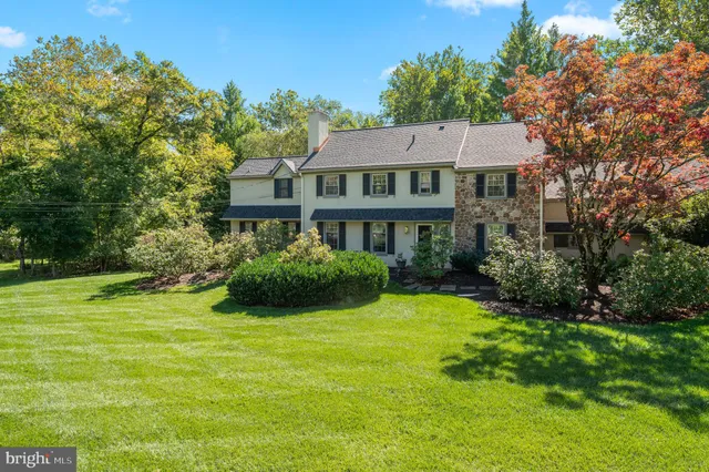 a view of a house with a big yard potted plants and large tree