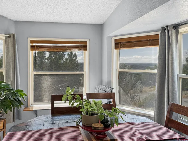 a living room with a fireplace and a potted plant