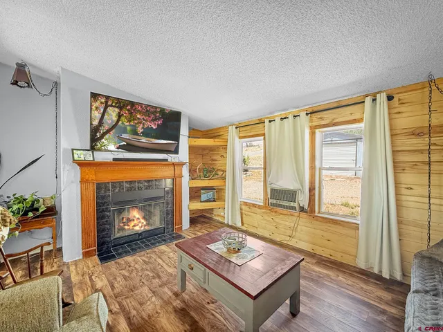 a living room with furniture a flat screen tv and a fireplace