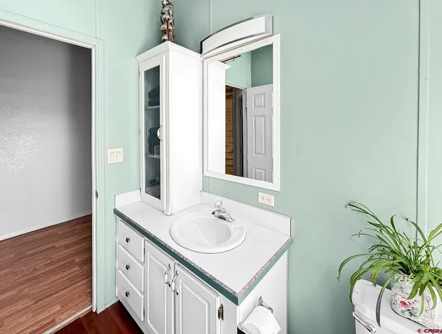 a bathroom with a sink and a mirror